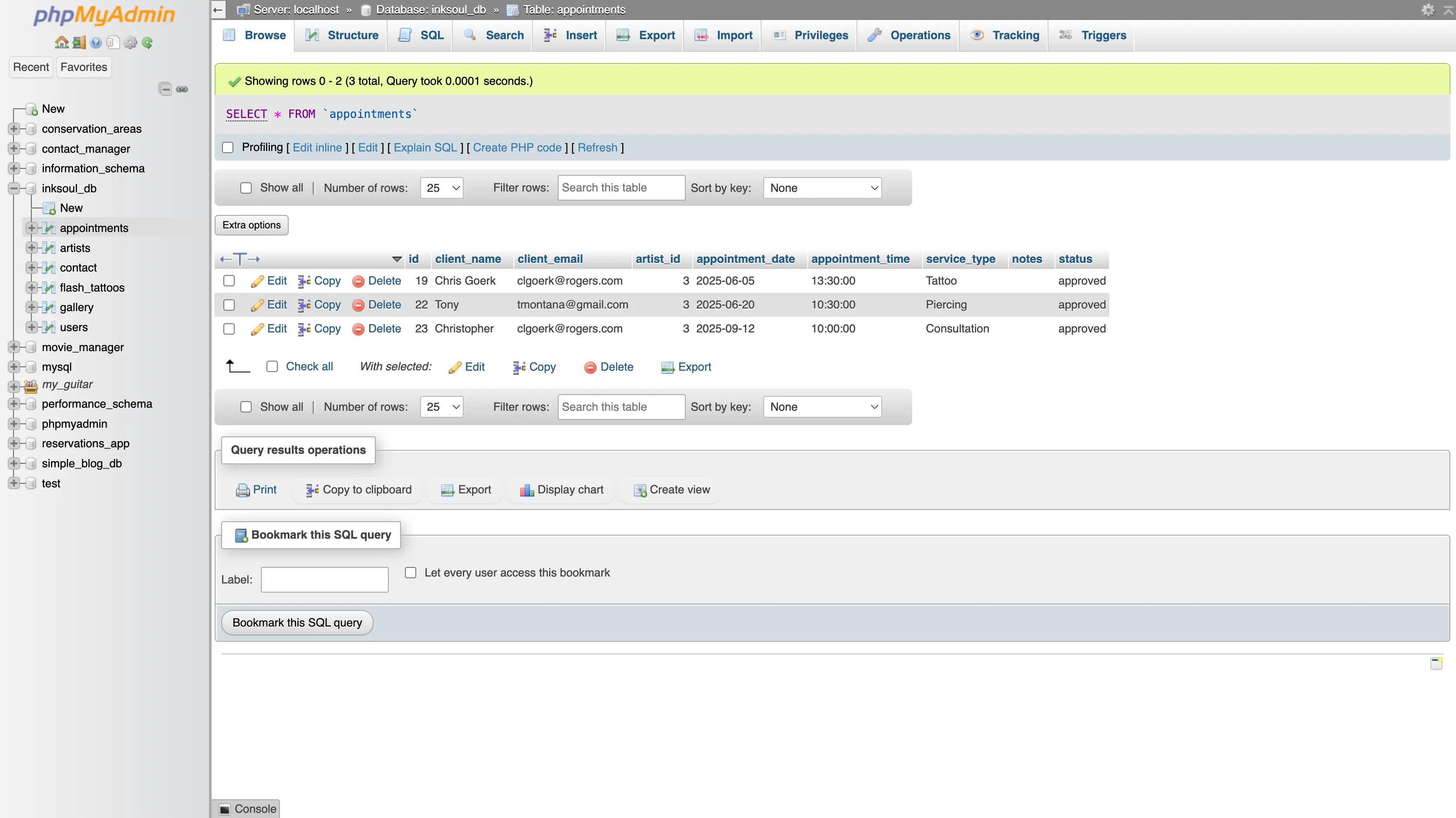 InkSoul appointments database table